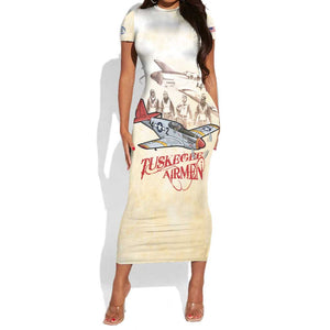 Tuskegee Airmen Short Sleeve Bodycon Dress Red Tails Legacy Retro Style - African Pride
