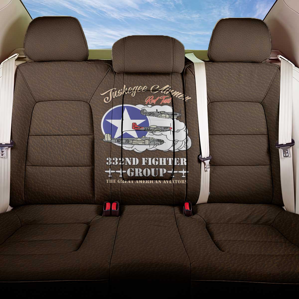 African American Aviators WWII Back Car Seat Cover Tuskegee Red Tails Airmen Brown Leather Pattern - African Pride