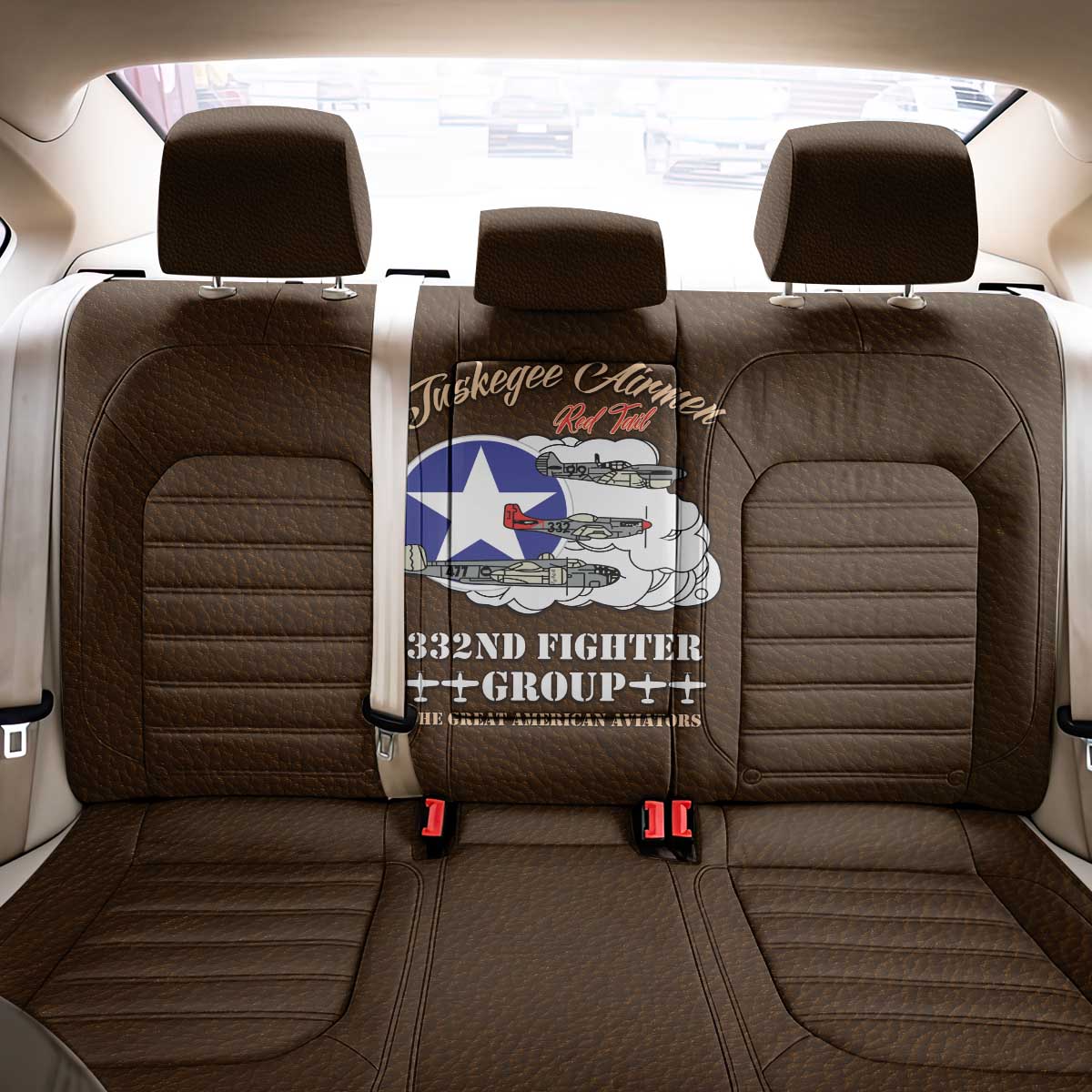 African American Aviators WWII Back Car Seat Cover Tuskegee Red Tails Airmen Brown Leather Pattern - African Pride