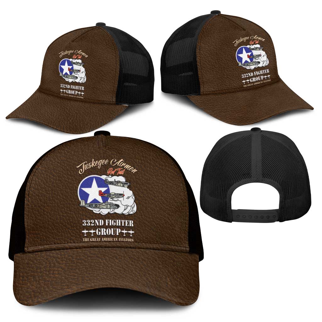 African American Aviators WWII Baseball Net Cap Tuskegee Red Tails Airmen Brown Leather Pattern - African Pride
