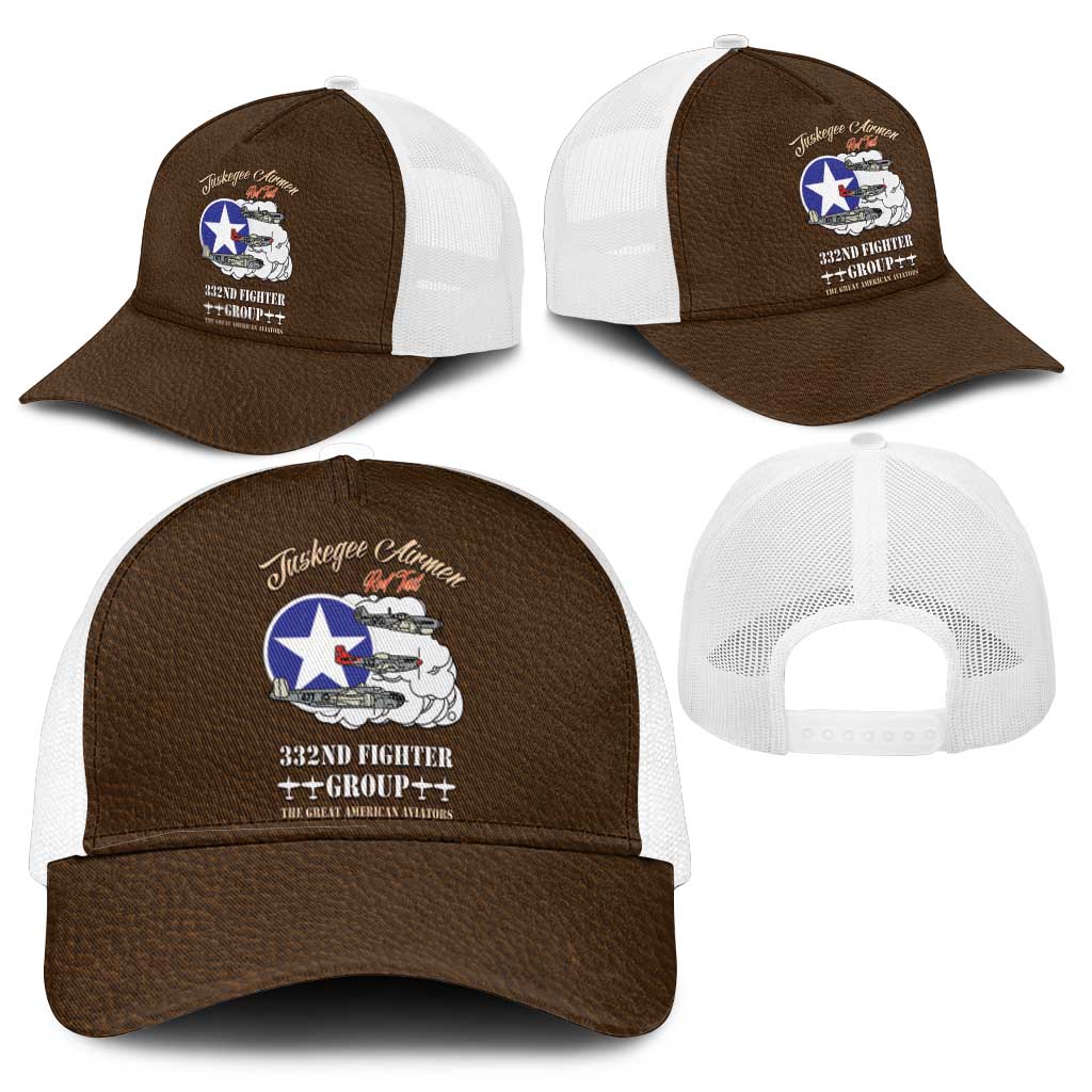 African American Aviators WWII Baseball Net Cap Tuskegee Red Tails Airmen Brown Leather Pattern - African Pride