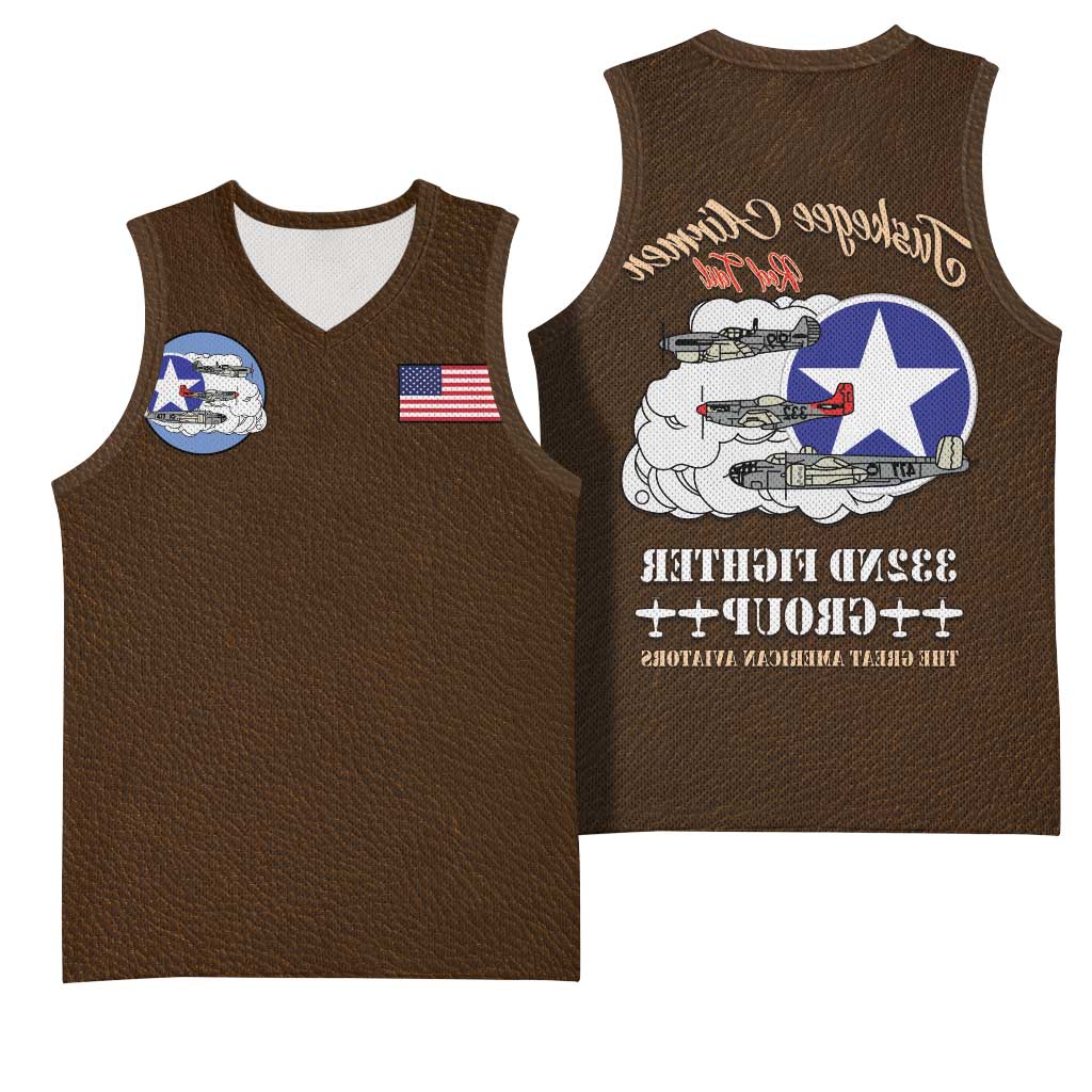 African American Aviators WWII Basketball Jersey Tuskegee Red Tails Airmen Brown Leather Pattern - African Pride
