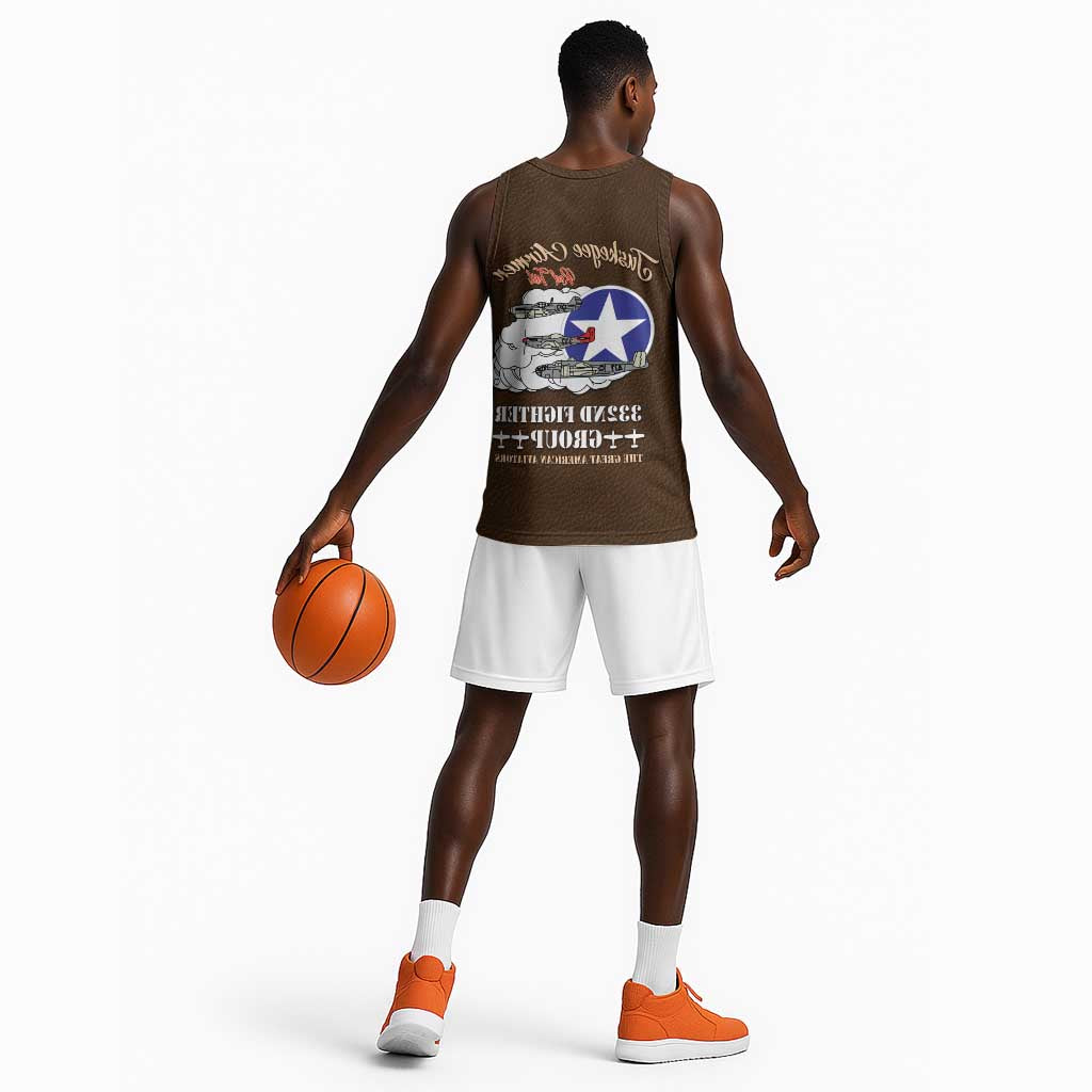 African American Aviators WWII Basketball Jersey Tuskegee Red Tails Airmen Brown Leather Pattern - African Pride