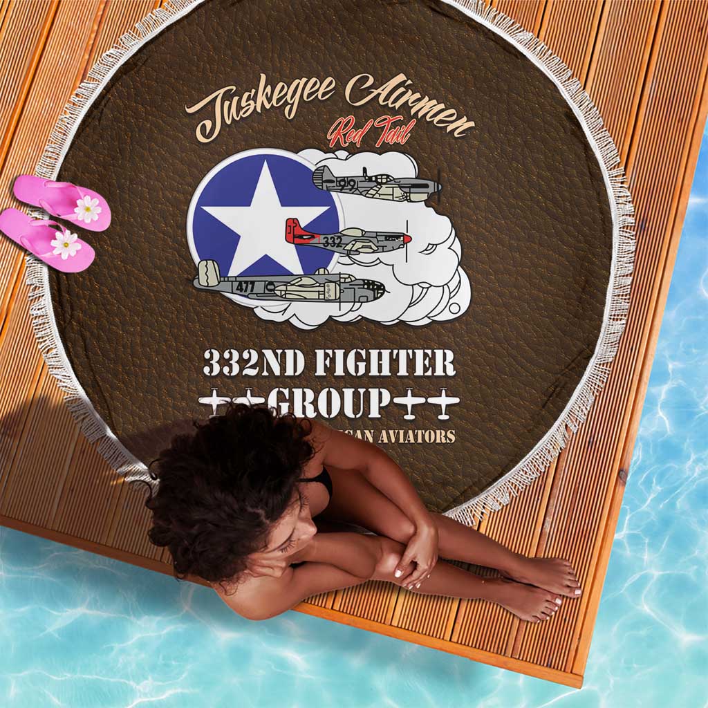 African American Aviators WWII Beach Blanket Tuskegee Red Tails Airmen Brown Leather Pattern - African Pride