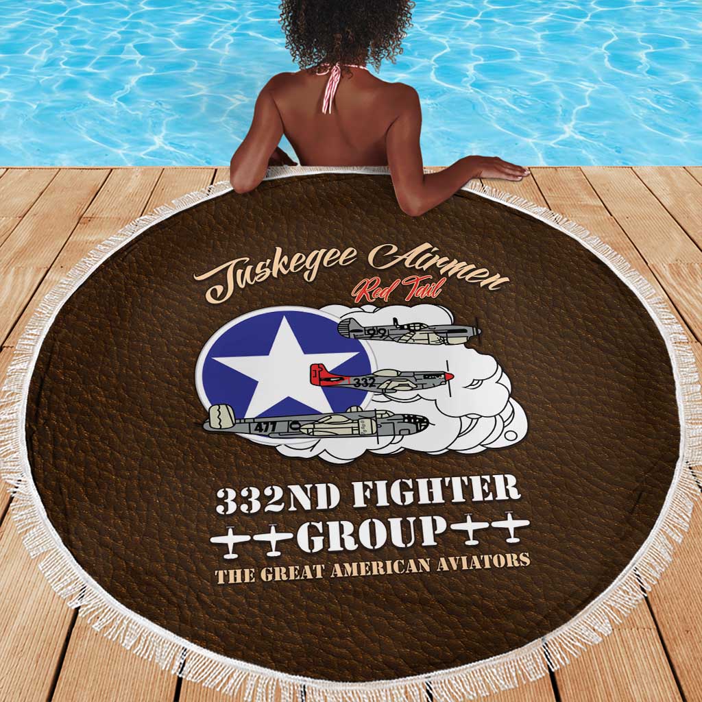 African American Aviators WWII Beach Blanket Tuskegee Red Tails Airmen Brown Leather Pattern - African Pride