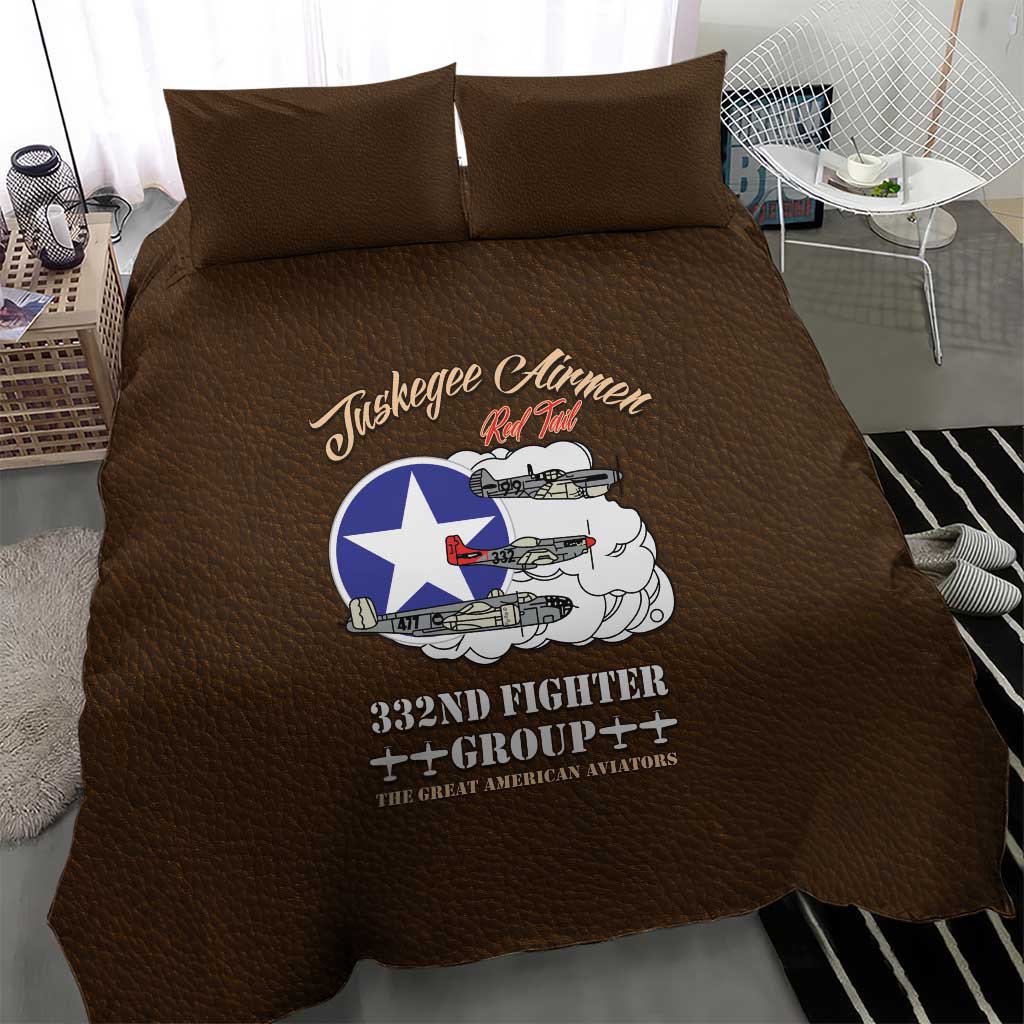 African American Aviators WWII Bedding Set Tuskegee Red Tails Airmen Brown Leather Pattern - African Pride