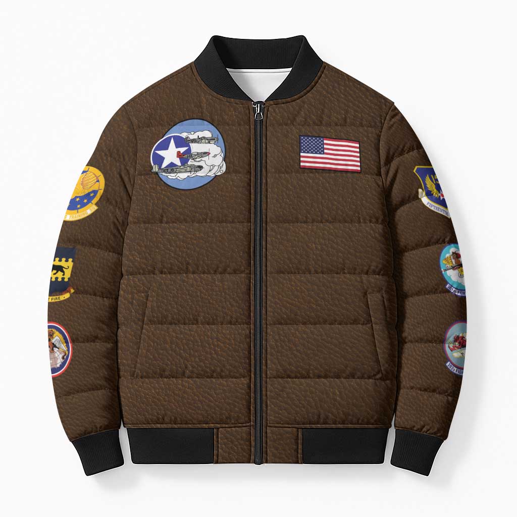 Tuskegee Airmen WWII Heroes Bomber Puffer Jacket The Great American Aviators Brown Leather Pattern