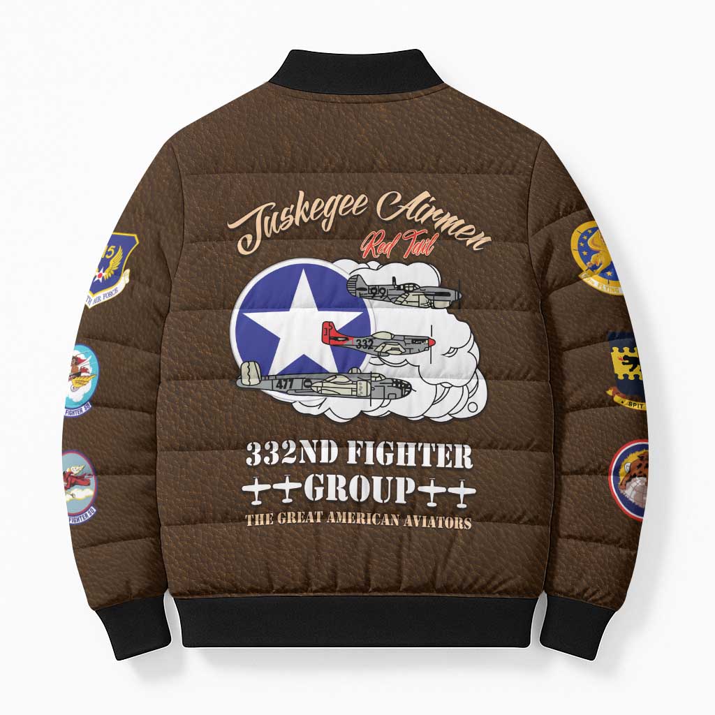 Tuskegee Airmen WWII Heroes Bomber Puffer Jacket The Great American Aviators Brown Leather Pattern
