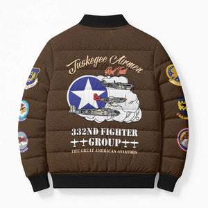 Tuskegee Airmen WWII Heroes Bomber Puffer Jacket The Great American Aviators Brown Leather Pattern