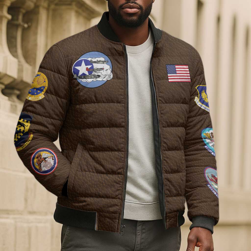 Tuskegee Airmen WWII Heroes Bomber Puffer Jacket The Great American Aviators Brown Leather Pattern