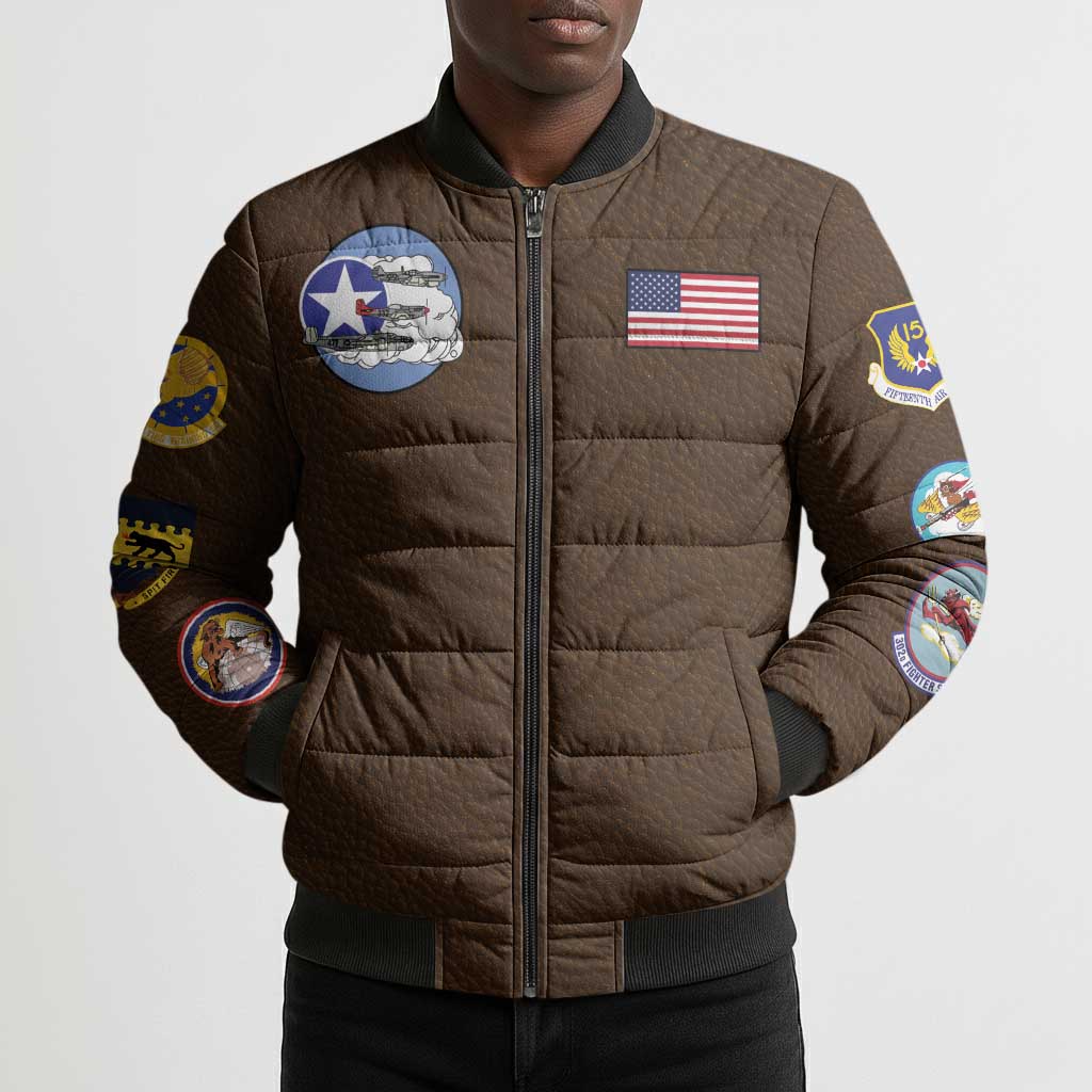 Tuskegee Airmen WWII Heroes Bomber Puffer Jacket The Great American Aviators Brown Leather Pattern