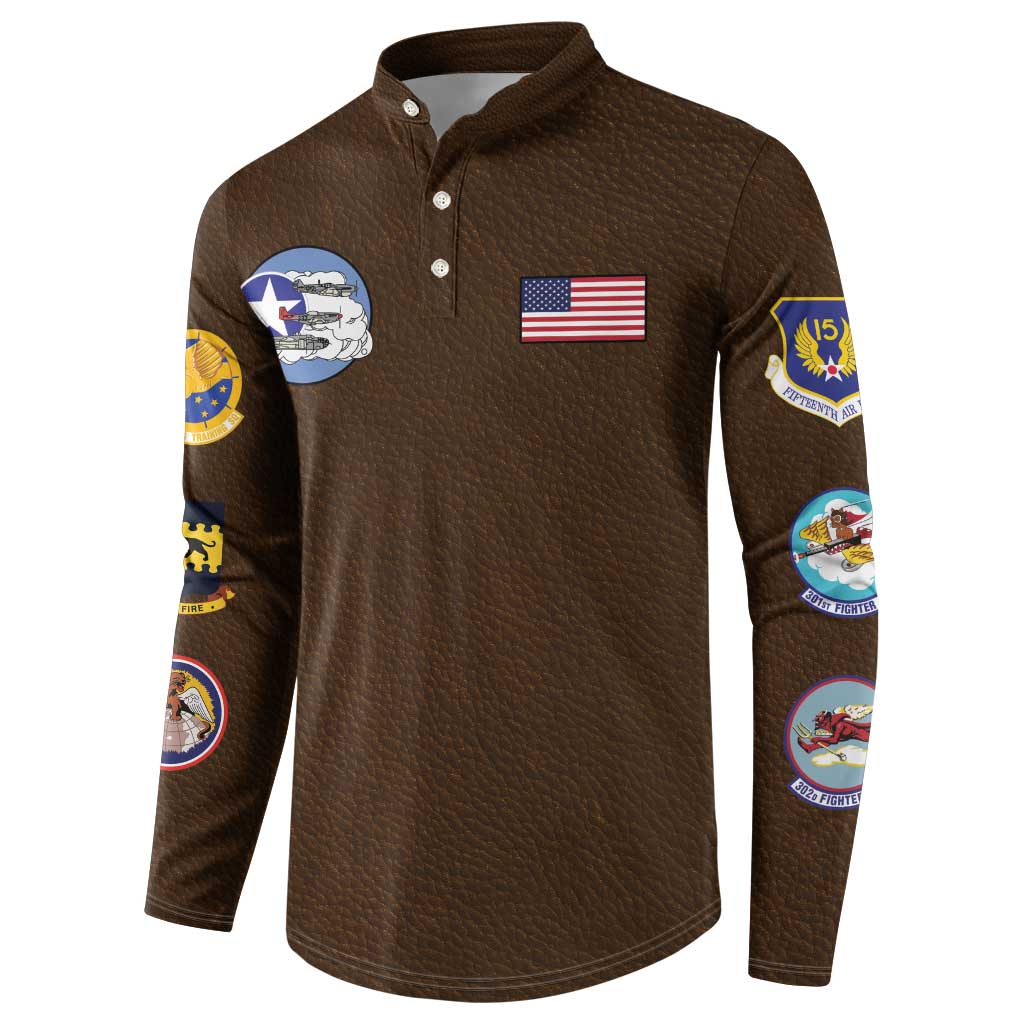 Tuskegee Airmen WWII Heroes Button Sweatshirt The Great American Aviators Brown Leather Pattern