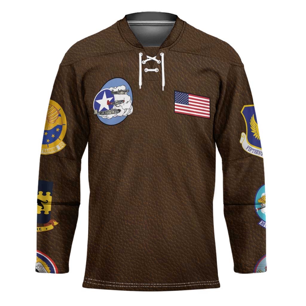 Tuskegee Airmen WWII Heroes Hockey Jersey The Great American Aviators Brown Leather Pattern