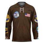 Tuskegee Airmen WWII Heroes Hockey Jersey The Great American Aviators Brown Leather Pattern