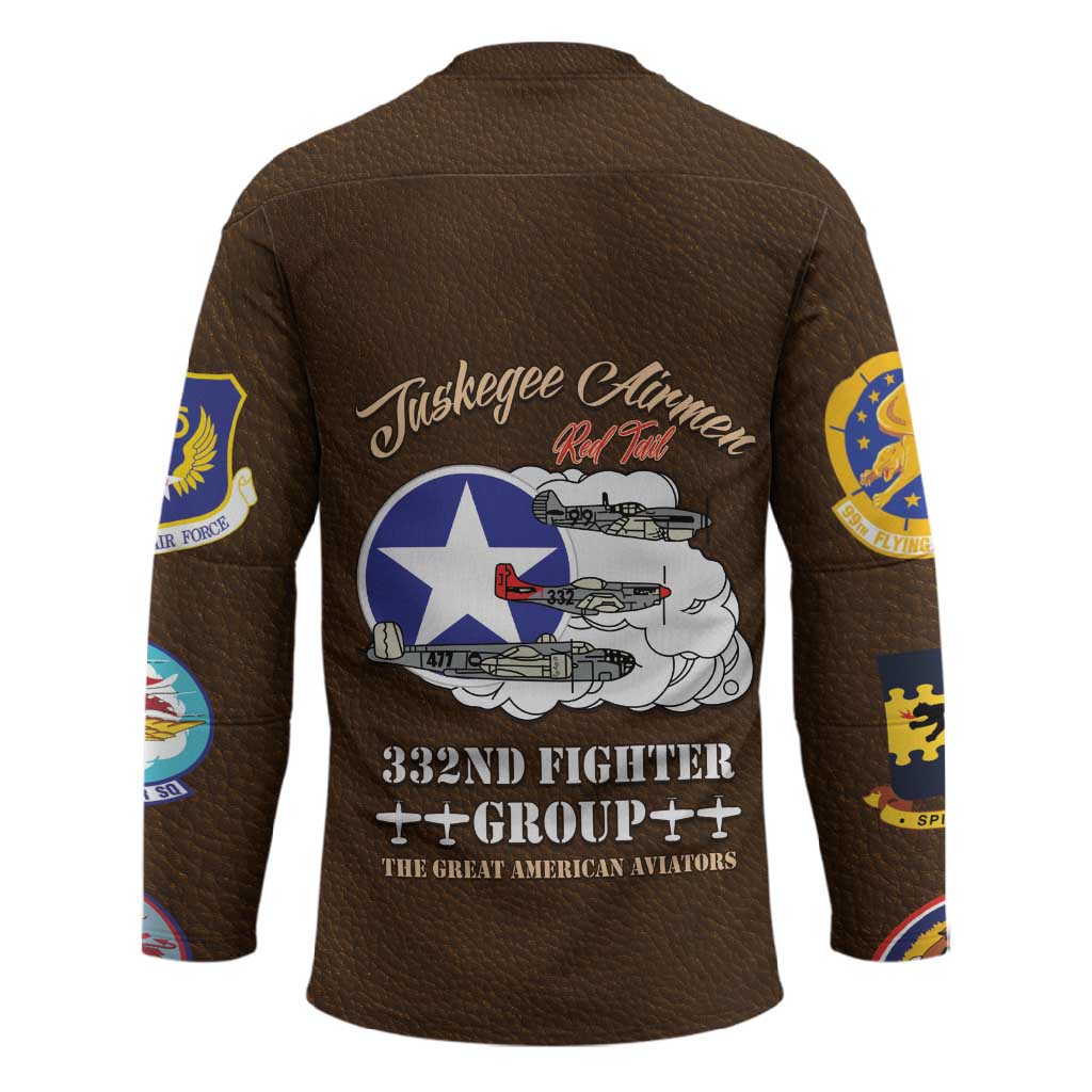 Tuskegee Airmen WWII Heroes Hockey Jersey The Great American Aviators Brown Leather Pattern