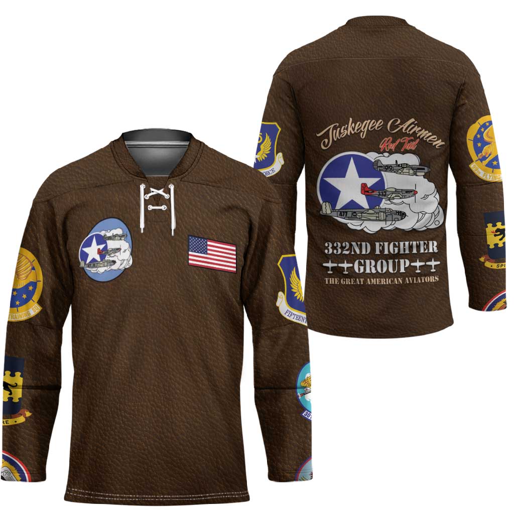 Tuskegee Airmen WWII Heroes Hockey Jersey The Great American Aviators Brown Leather Pattern