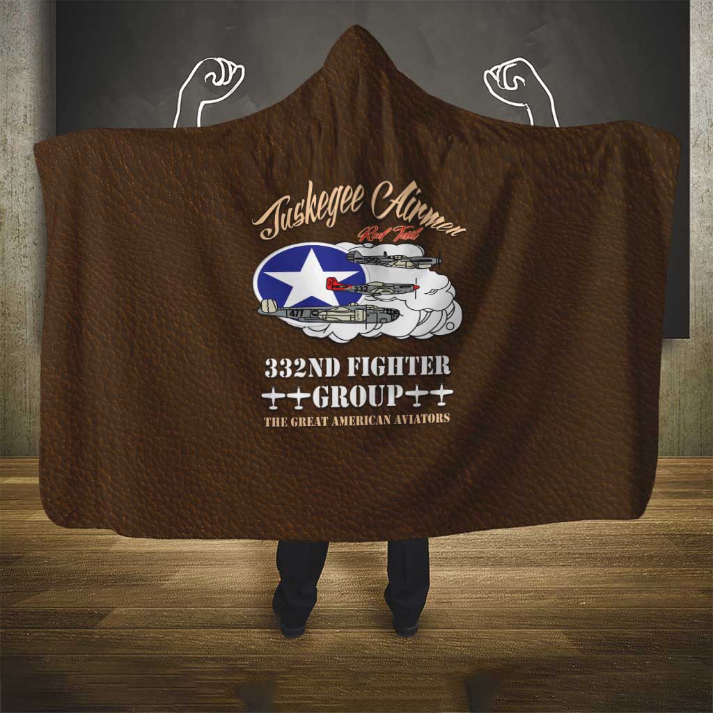 African American Aviators WWII Hooded Blanket Tuskegee Red Tails Airmen Brown Leather Pattern - African Pride