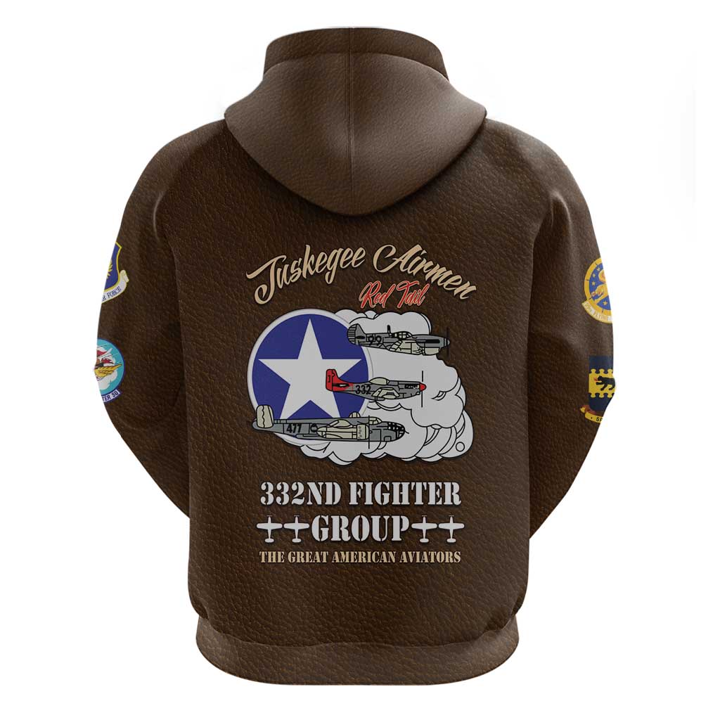 African American Aviators WWII Hoodie Tuskegee Red Tails Airmen Brown Leather Pattern - African Pride