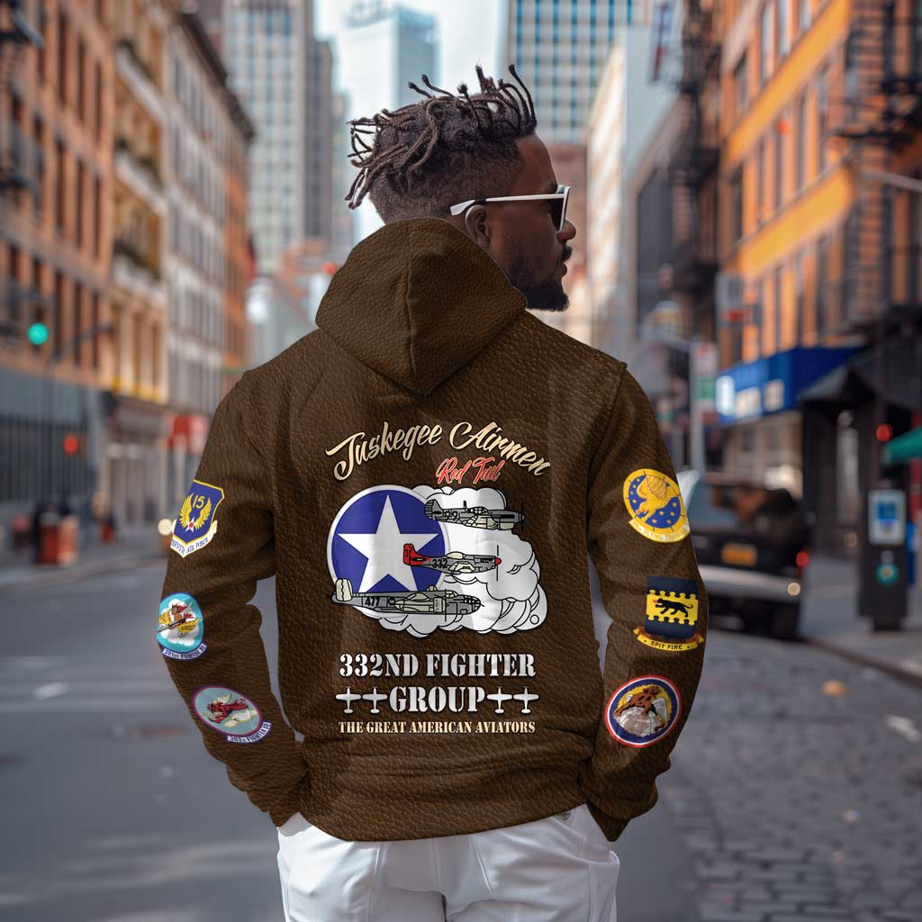 African American Aviators WWII Hoodie Tuskegee Red Tails Airmen Brown Leather Pattern - African Pride