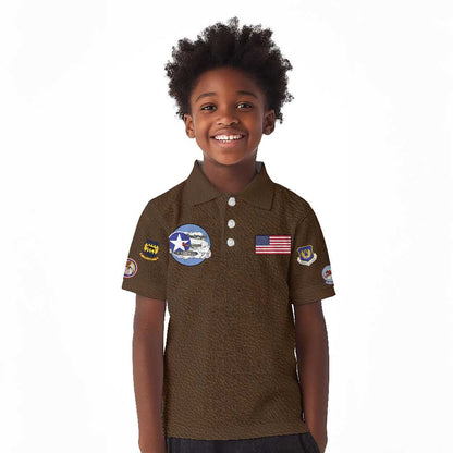 African American Aviators WWII Kid Polo Shirt Tuskegee Red Tails Airmen Brown Leather Pattern - African Pride