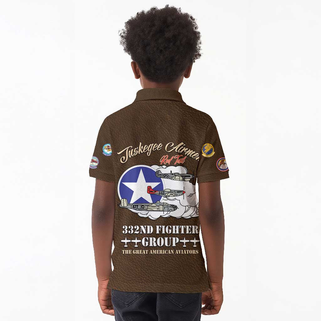 African American Aviators WWII Kid Polo Shirt Tuskegee Red Tails Airmen Brown Leather Pattern - African Pride