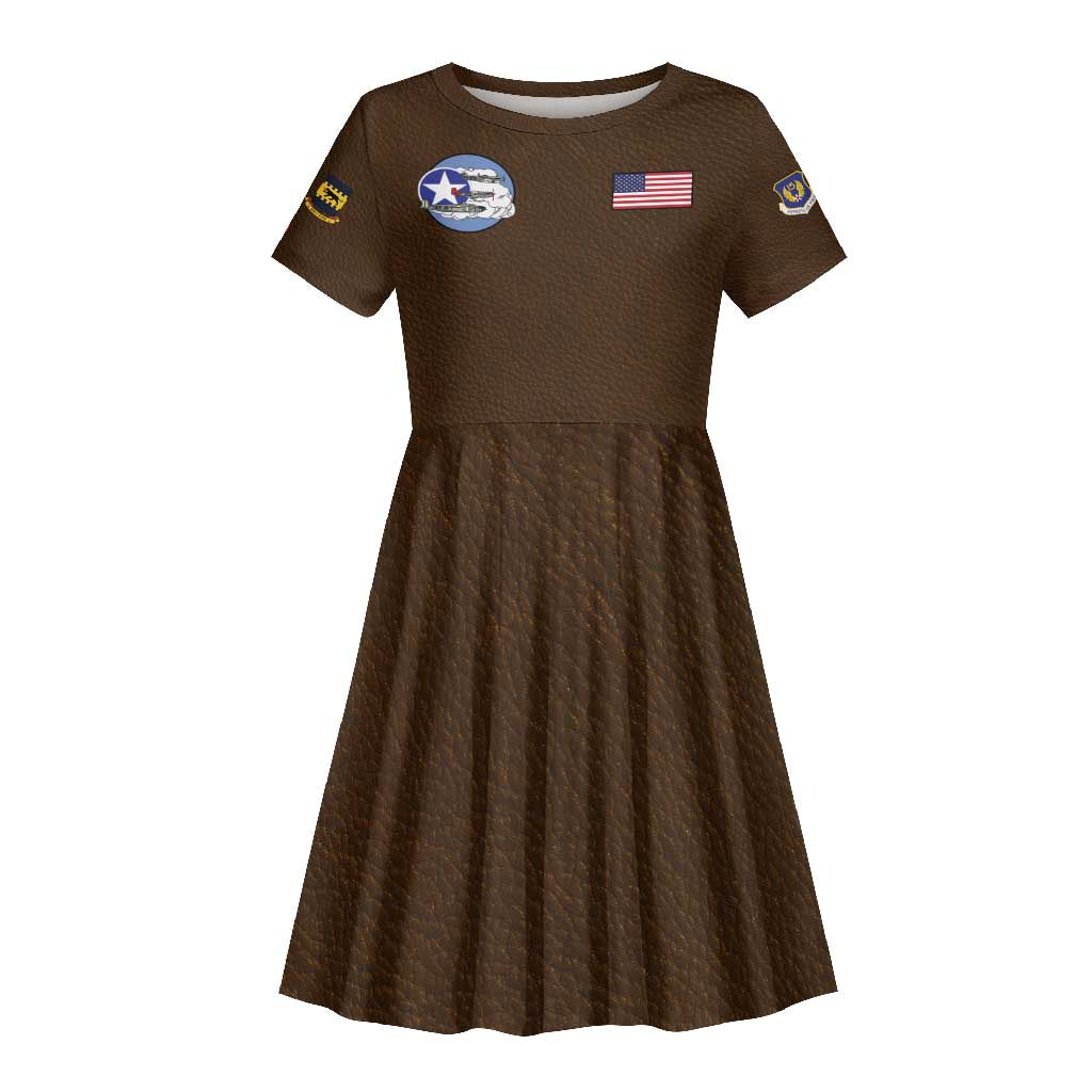 African American Aviators WWII Kid Short Sleeve Dress Tuskegee Red Tails Airmen Brown Leather Pattern - African Pride