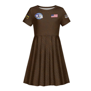 African American Aviators WWII Kid Short Sleeve Dress Tuskegee Red Tails Airmen Brown Leather Pattern - African Pride