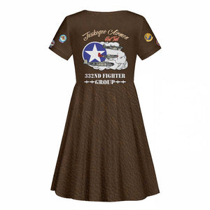African American Aviators WWII Kid Short Sleeve Dress Tuskegee Red Tails Airmen Brown Leather Pattern - African Pride