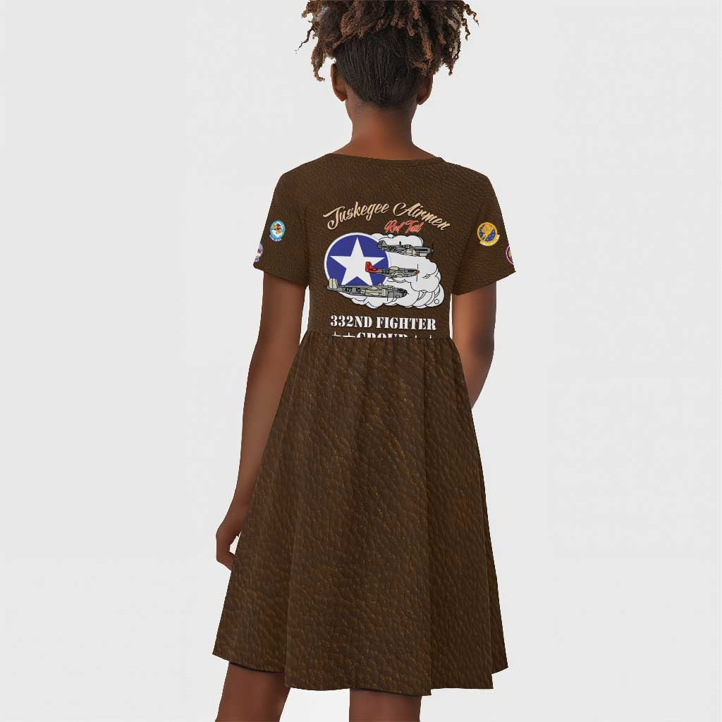 African American Aviators WWII Kid Short Sleeve Dress Tuskegee Red Tails Airmen Brown Leather Pattern - African Pride