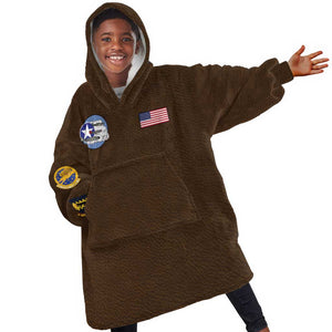 African American Aviators WWII Kid Wearable Blanket Hoodie Tuskegee Red Tails Airmen Brown Leather Pattern - African Pride