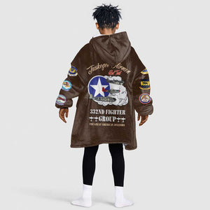 African American Aviators WWII Kid Wearable Blanket Hoodie Tuskegee Red Tails Airmen Brown Leather Pattern - African Pride