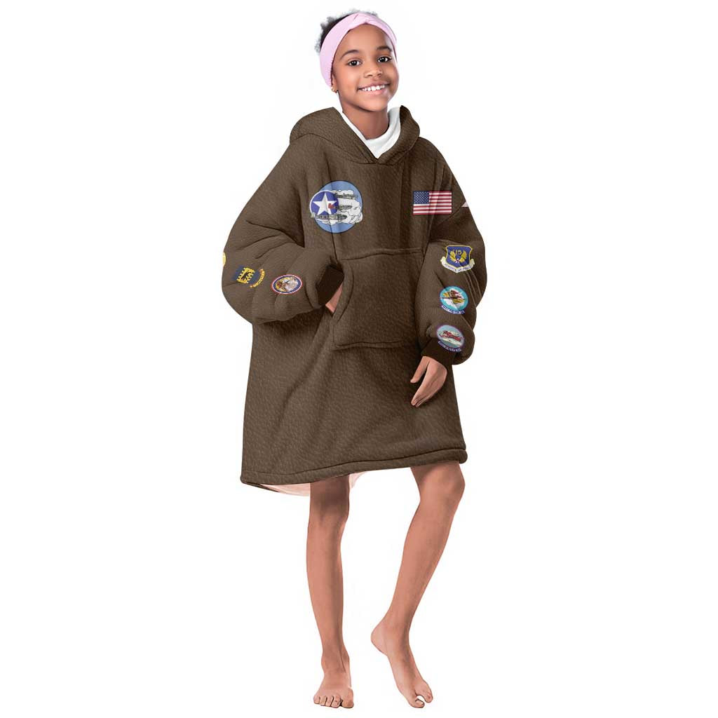 African American Aviators WWII Kid Wearable Blanket Hoodie Tuskegee Red Tails Airmen Brown Leather Pattern - African Pride