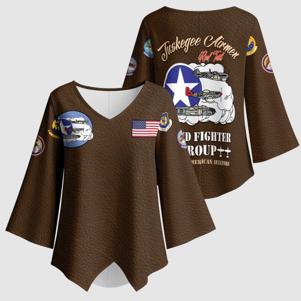 Tuskegee Airmen WWII Heroes Kimono Sleeve Blouse The Great American Aviators Brown Leather Pattern