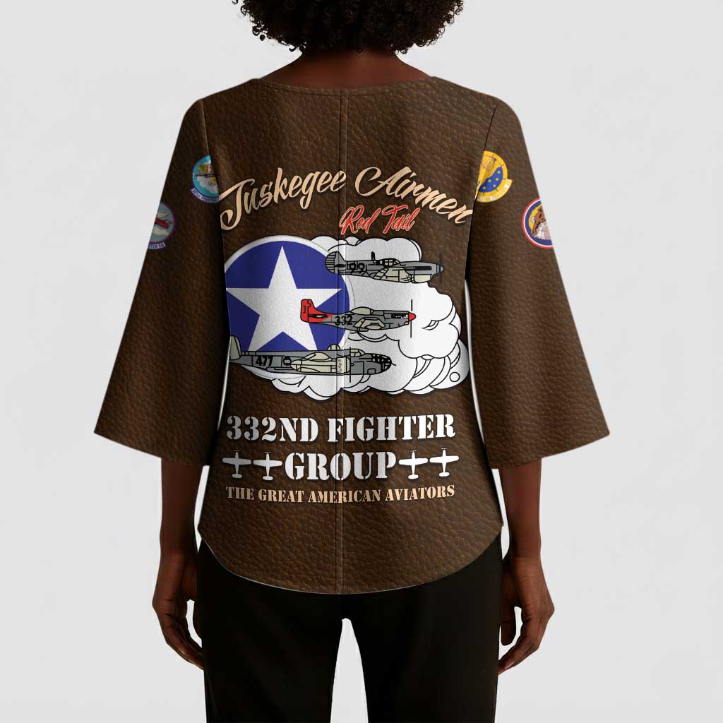 Tuskegee Airmen WWII Heroes Kimono Sleeve Blouse The Great American Aviators Brown Leather Pattern