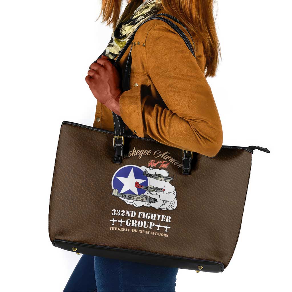 African American Aviators WWII Leather Tote Bag Tuskegee Red Tails Airmen Brown Leather Pattern - African Pride
