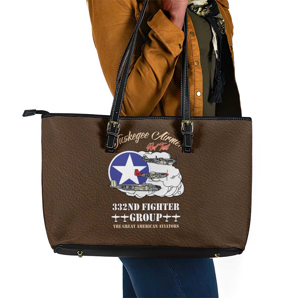African American Aviators WWII Leather Tote Bag Tuskegee Red Tails Airmen Brown Leather Pattern - African Pride