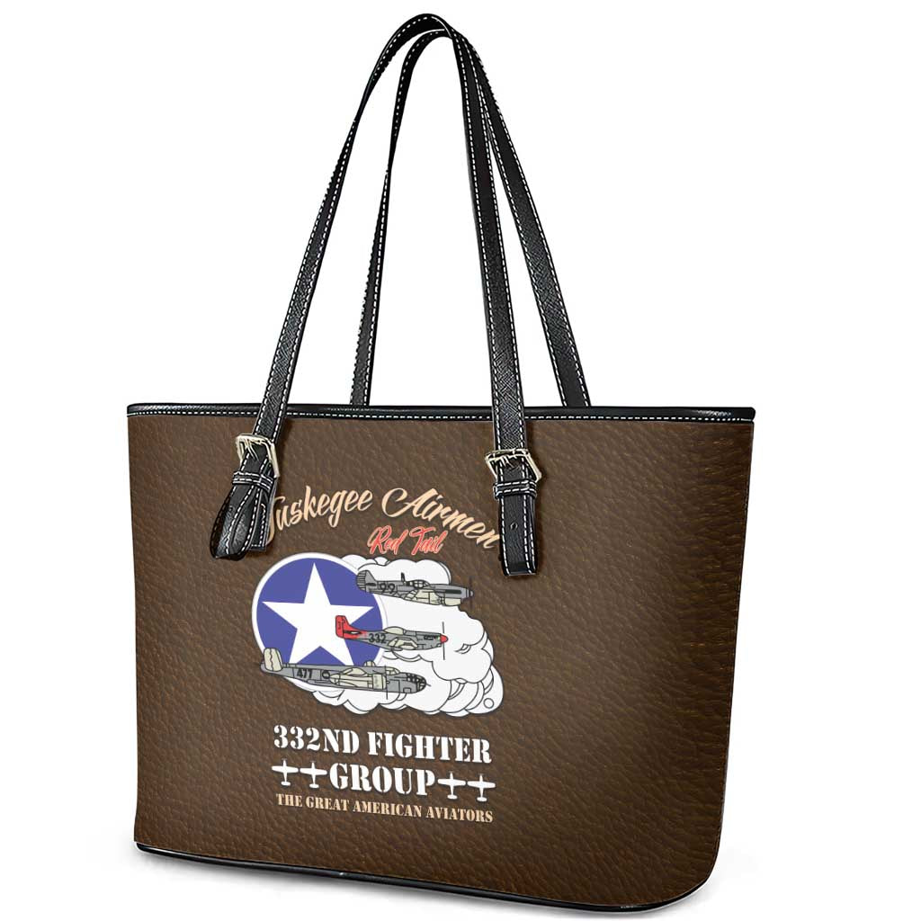 African American Aviators WWII Leather Tote Bag Tuskegee Red Tails Airmen Brown Leather Pattern - African Pride