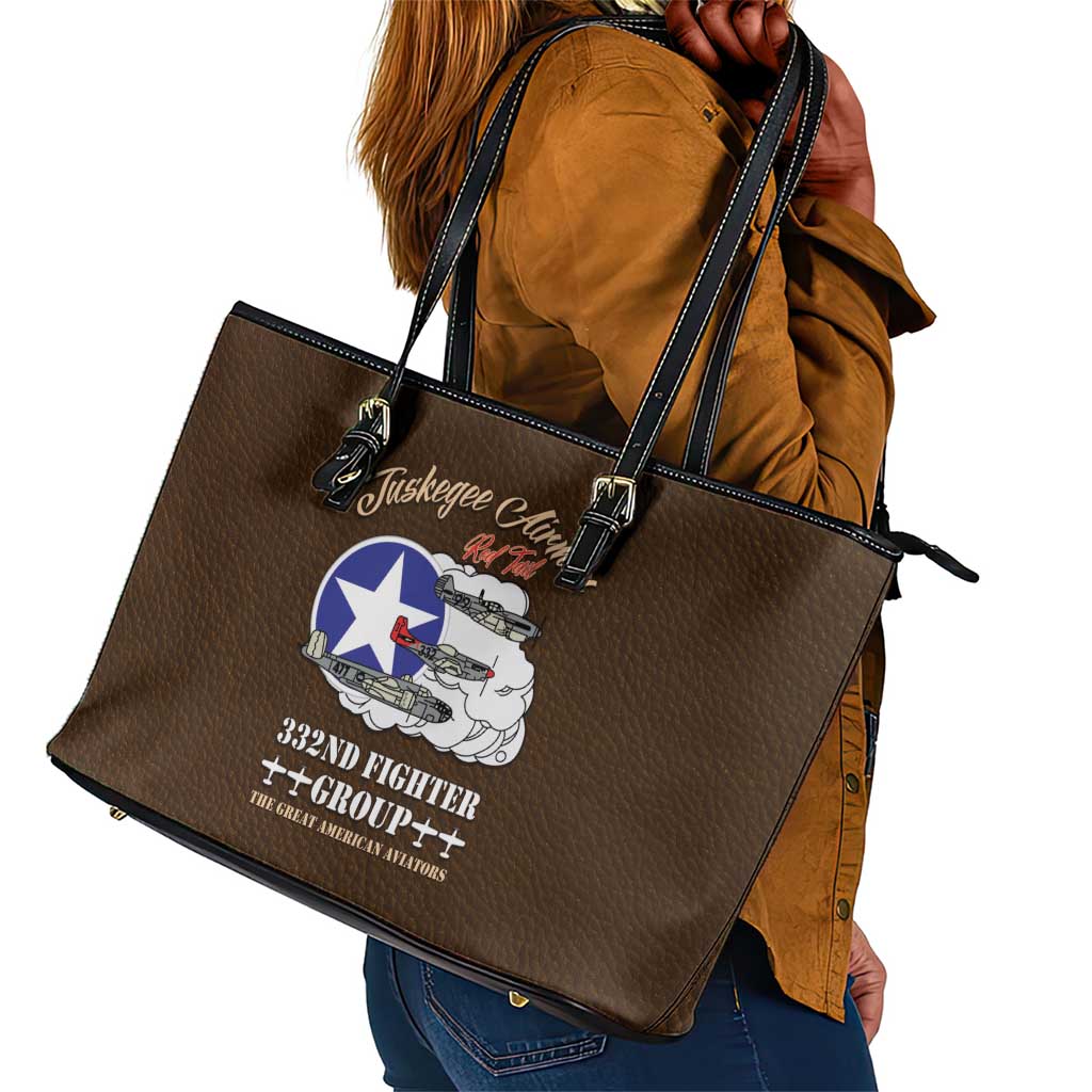 African American Aviators WWII Leather Tote Bag Tuskegee Red Tails Airmen Brown Leather Pattern - African Pride