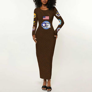 African American Aviators WWII Long Sleeve Bodycon Dress Tuskegee Red Tails Airmen Brown Leather Pattern - African Pride