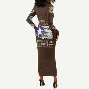 African American Aviators WWII Long Sleeve Bodycon Dress Tuskegee Red Tails Airmen Brown Leather Pattern - African Pride