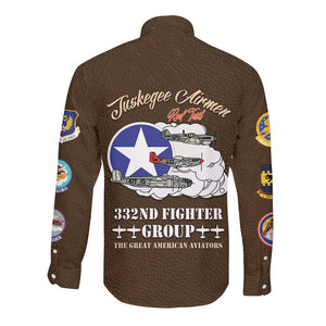 African American Aviators WWII Long Sleeve Button Shirt Tuskegee Red Tails Airmen Brown Leather Pattern - African Pride