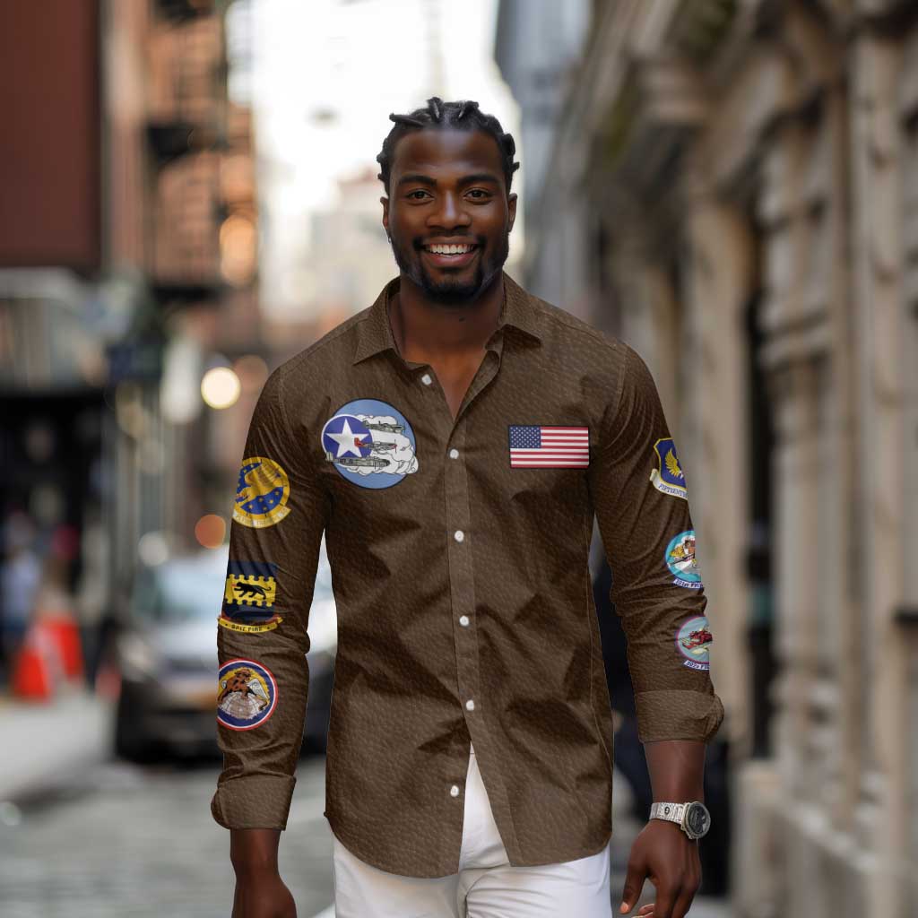 African American Aviators WWII Long Sleeve Button Shirt Tuskegee Red Tails Airmen Brown Leather Pattern - African Pride