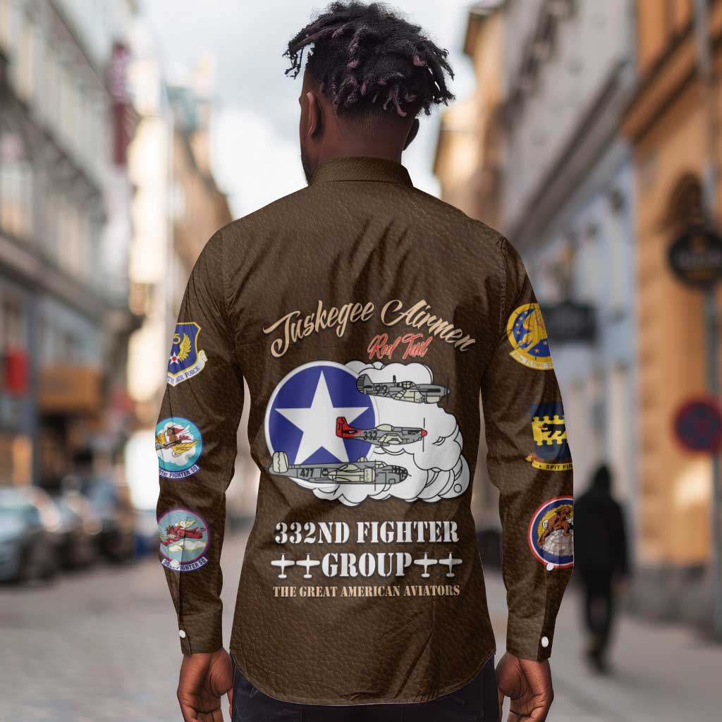 African American Aviators WWII Long Sleeve Button Shirt Tuskegee Red Tails Airmen Brown Leather Pattern - African Pride