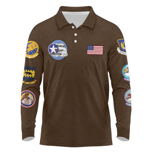African American Aviators WWII Long Sleeve Polo Shirt Tuskegee Red Tails Airmen Brown Leather Pattern - African Pride
