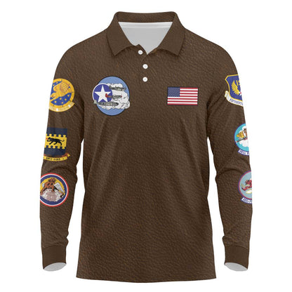 African American Aviators WWII Long Sleeve Polo Shirt Tuskegee Red Tails Airmen Brown Leather Pattern - African Pride