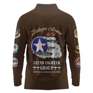 African American Aviators WWII Long Sleeve Polo Shirt Tuskegee Red Tails Airmen Brown Leather Pattern - African Pride
