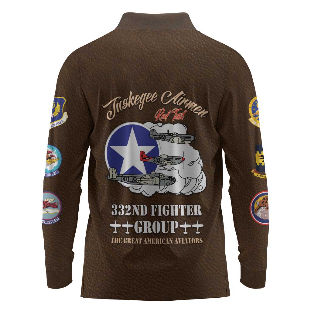 African American Aviators WWII Long Sleeve Polo Shirt Tuskegee Red Tails Airmen Brown Leather Pattern - African Pride