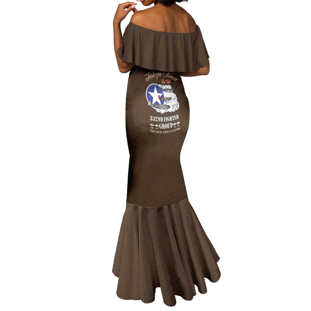 African American Aviators WWII Mermaid Dress Tuskegee Red Tails Airmen Brown Leather Pattern - African Pride