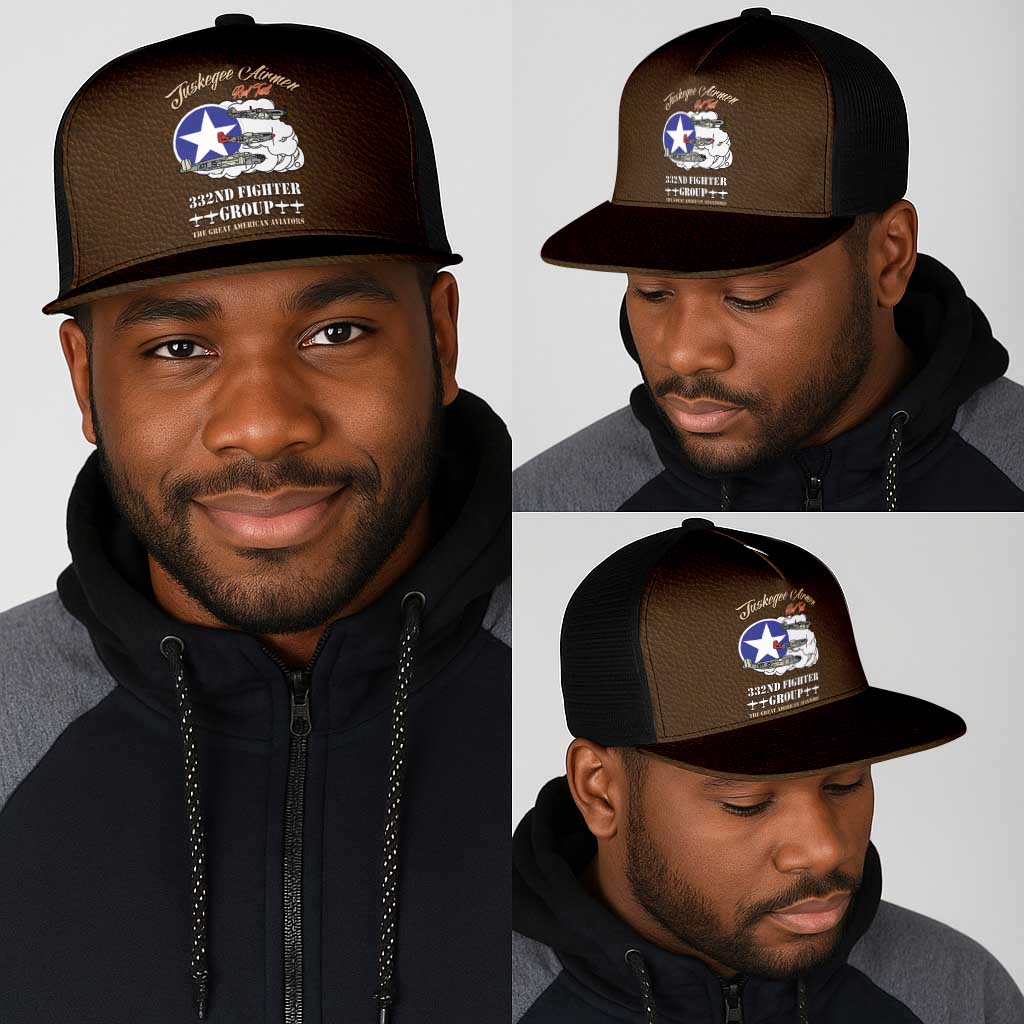 African American Aviators WWII Mesh Trucker Cap Tuskegee Red Tails Airmen Brown Leather Pattern - African Pride
