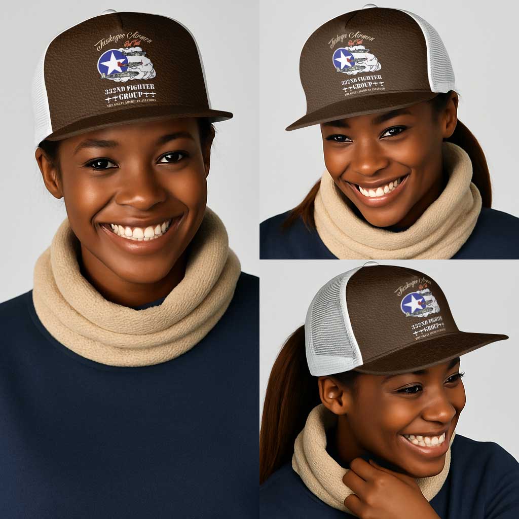 African American Aviators WWII Mesh Trucker Cap Tuskegee Red Tails Airmen Brown Leather Pattern - African Pride